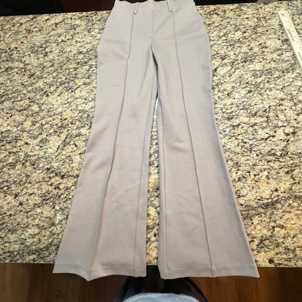 Quince Ultra-Stretch Ponte Flare Pants Tan XS Pintuck High Rise Trousers ws